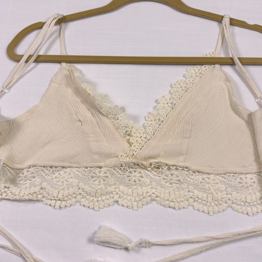 Boho Lace Bralette XL Fairycore Festival Tassel Tie Crop Top Cream Western - Picture 11 of 17